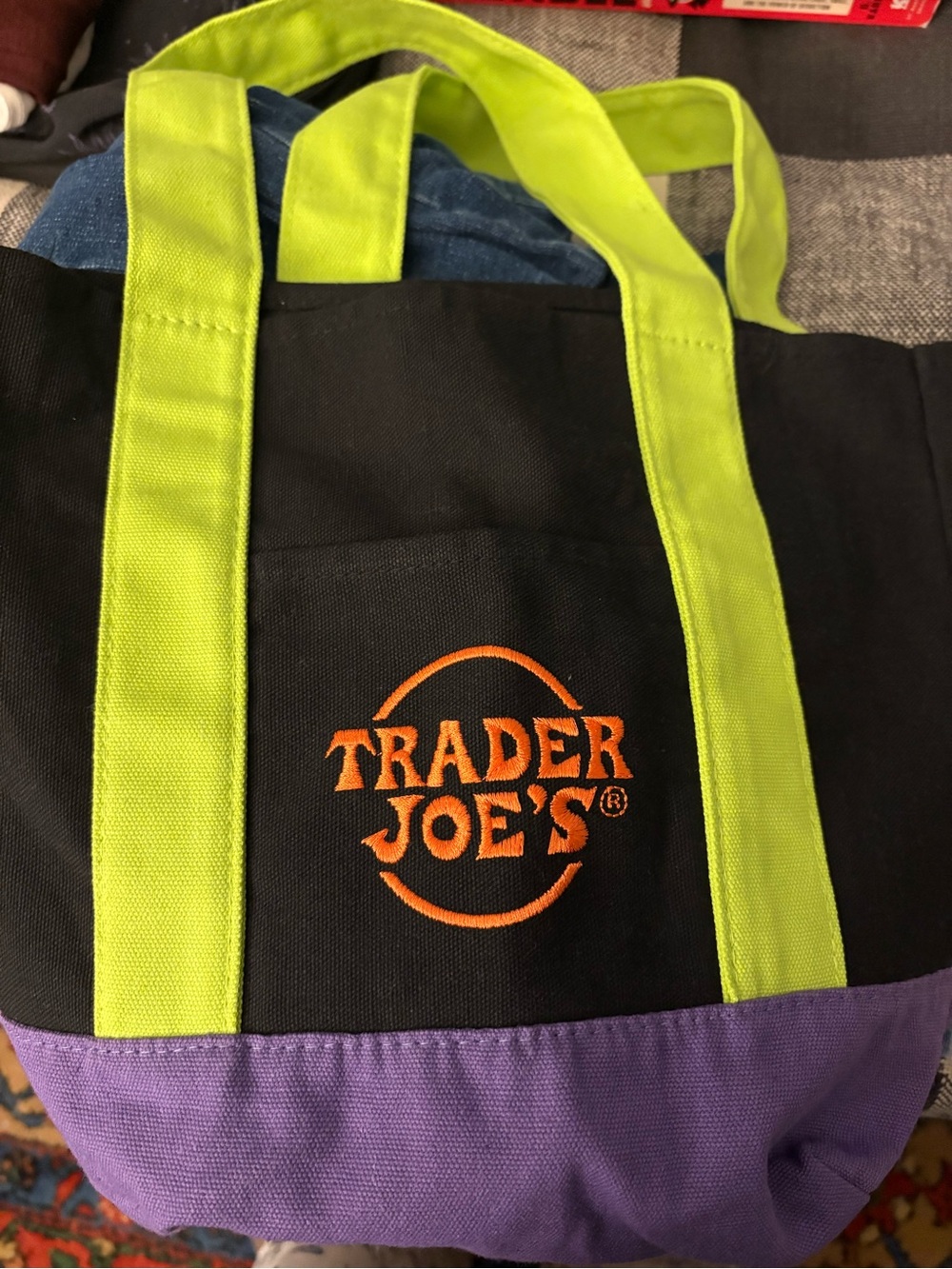 Halloween: Trader Joe's Black Tote with Lime Handles and Purple Base